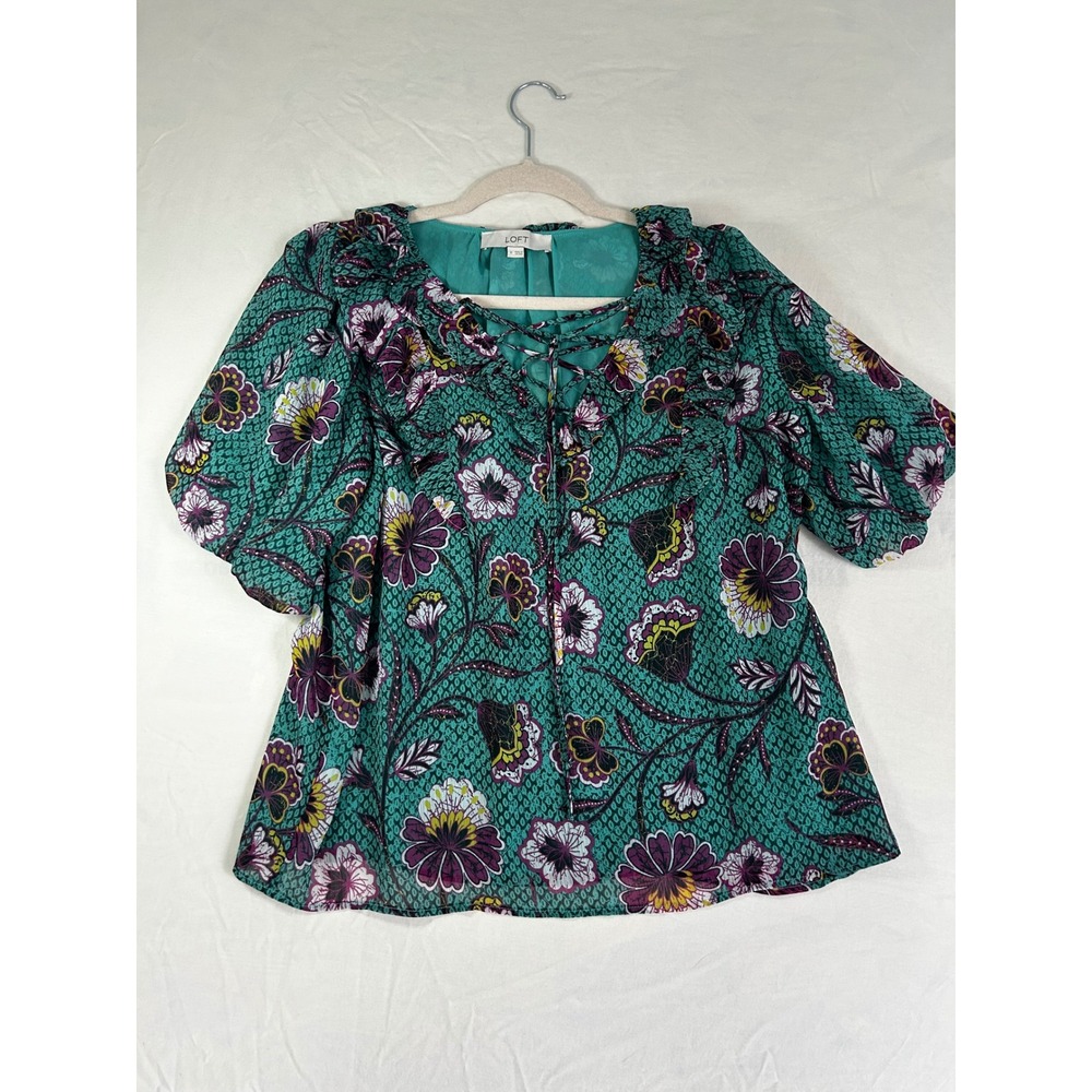 LOFT Teal Green Floral Lace Up Ruffle‎ Neck Puff Sleeve Blouse Womens Medium